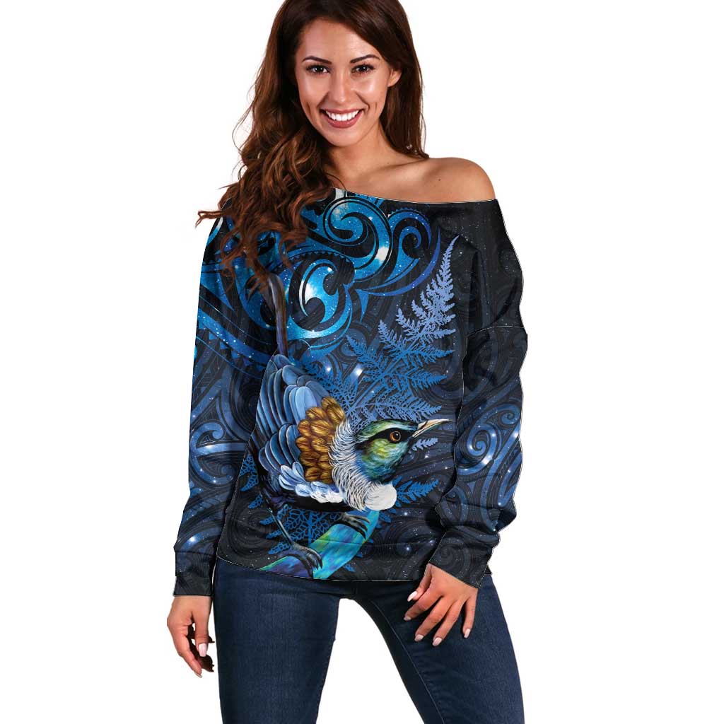 Aotearoa Matariki Off Shoulder Sweater Maori Tribal with Silver Fern and Tui Bird Galaxy Style - Aussie Hoodie