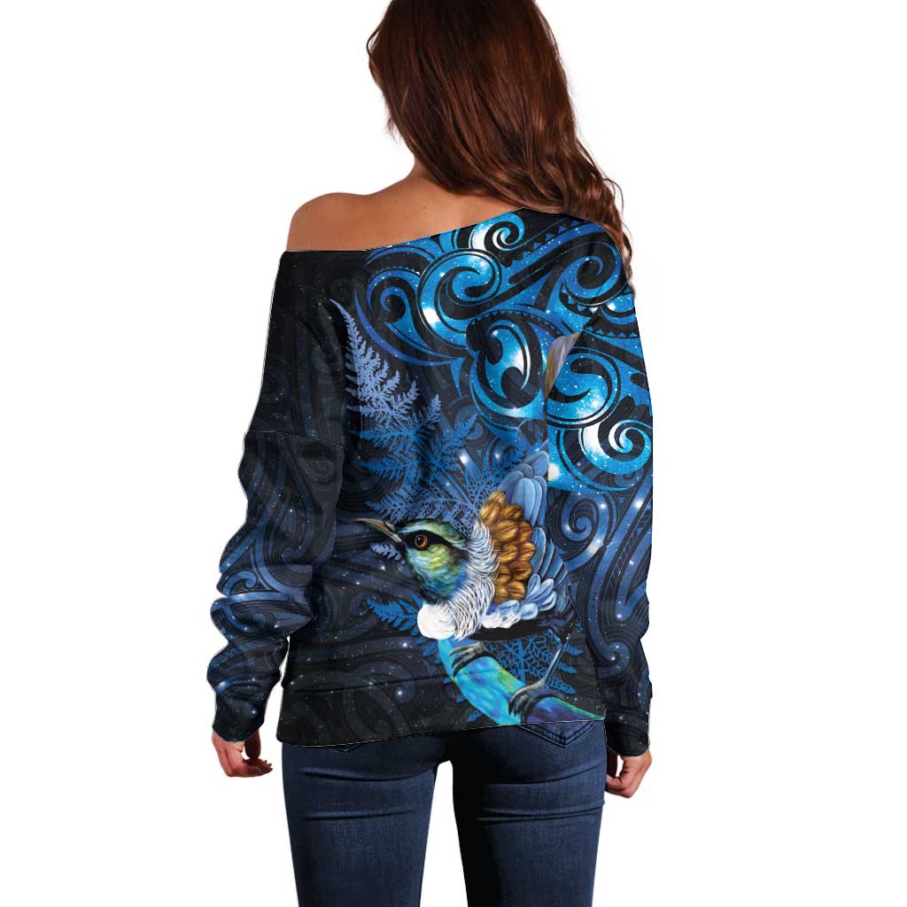 Aotearoa Matariki Off Shoulder Sweater Maori Tribal with Silver Fern and Tui Bird Galaxy Style - Aussie Hoodie
