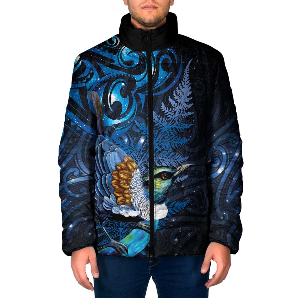 Aotearoa Matariki Padded Jacket Maori Tribal with Silver Fern and Tui Bird Galaxy Style - Aussie Hoodie