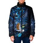 Aotearoa Matariki Padded Jacket Maori Tribal with Silver Fern and Tui Bird Galaxy Style - Aussie Hoodie