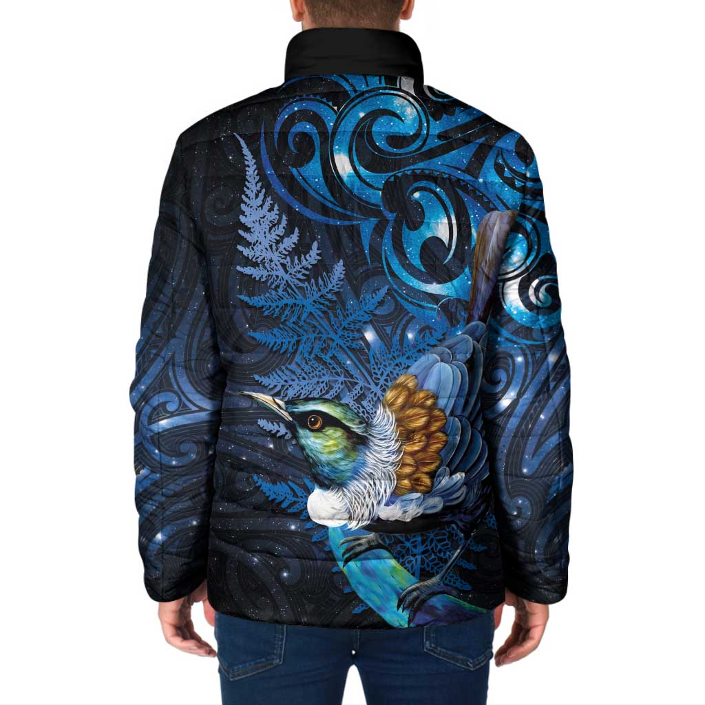 Aotearoa Matariki Padded Jacket Maori Tribal with Silver Fern and Tui Bird Galaxy Style - Aussie Hoodie