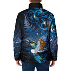 Aotearoa Matariki Padded Jacket Maori Tribal with Silver Fern and Tui Bird Galaxy Style - Aussie Hoodie