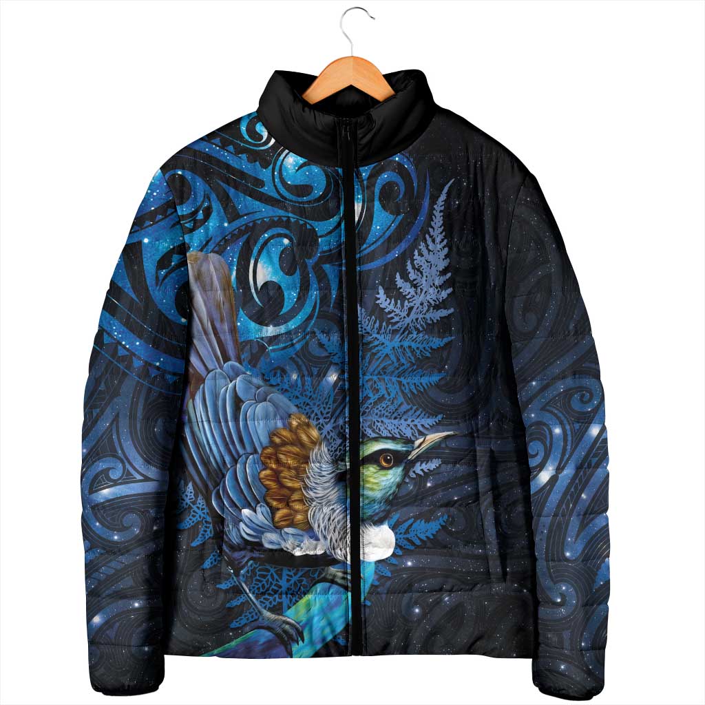 Aotearoa Matariki Padded Jacket Maori Tribal with Silver Fern and Tui Bird Galaxy Style - Aussie Hoodie