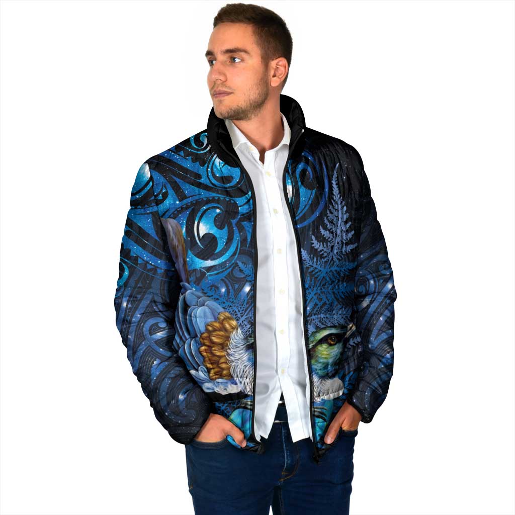 Aotearoa Matariki Padded Jacket Maori Tribal with Silver Fern and Tui Bird Galaxy Style - Aussie Hoodie