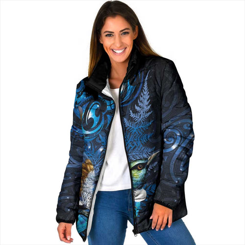 Aotearoa Matariki Padded Jacket Maori Tribal with Silver Fern and Tui Bird Galaxy Style - Aussie Hoodie
