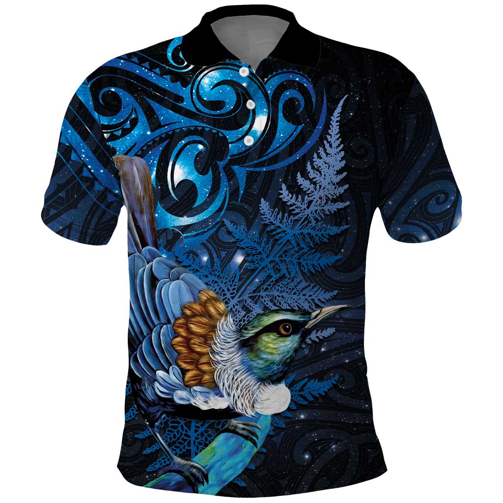 Aotearoa Matariki Polo Shirt Maori Tribal with Silver Fern and Tui Bird Galaxy Style - Aussie Hoodie