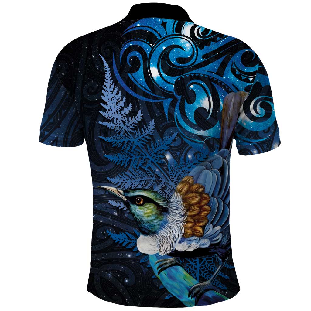 Aotearoa Matariki Polo Shirt Maori Tribal with Silver Fern and Tui Bird Galaxy Style - Aussie Hoodie