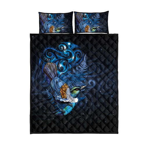 Aotearoa Matariki Quilt Bed Set Maori Tribal with Silver Fern and Tui Bird Galaxy Style - Aussie Hoodie