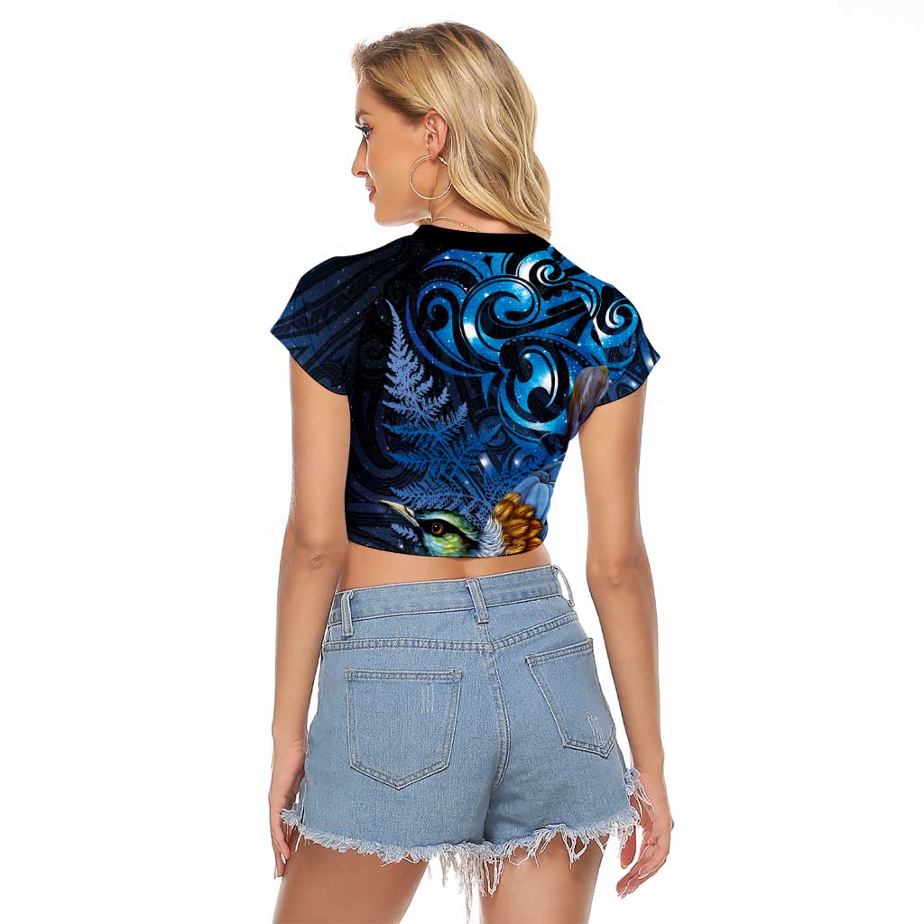Aotearoa Matariki Raglan Cropped T Shirt Maori Tribal with Silver Fern and Tui Bird Galaxy Style - Aussie Hoodie