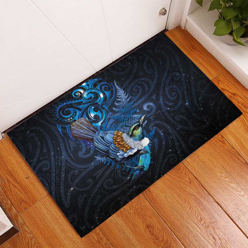 Aotearoa Matariki Rubber Doormat Maori Tribal with Silver Fern and Tui Bird Galaxy Style - Aussie Hoodie