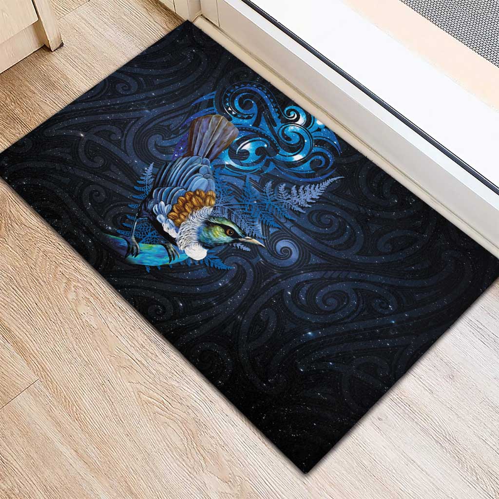 Aotearoa Matariki Rubber Doormat Maori Tribal with Silver Fern and Tui Bird Galaxy Style - Aussie Hoodie