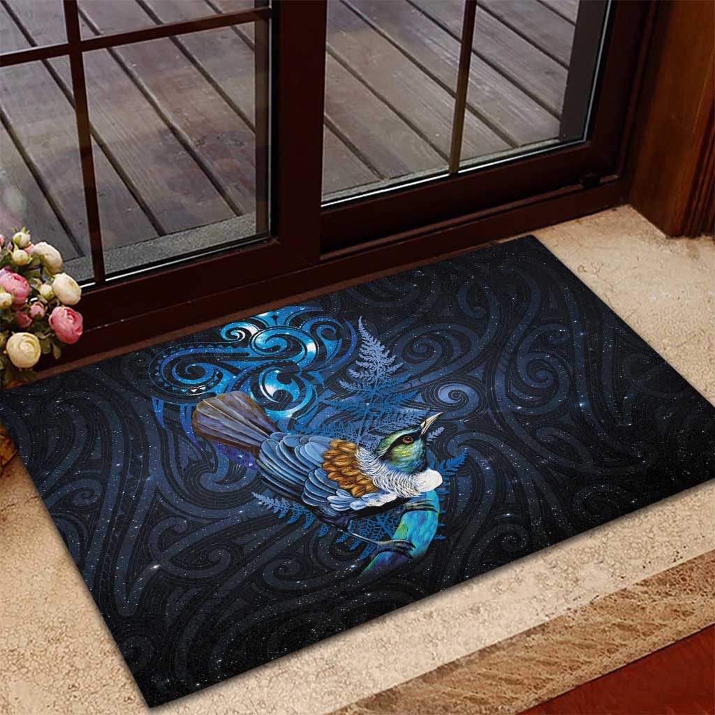 Aotearoa Matariki Rubber Doormat Maori Tribal with Silver Fern and Tui Bird Galaxy Style - Aussie Hoodie