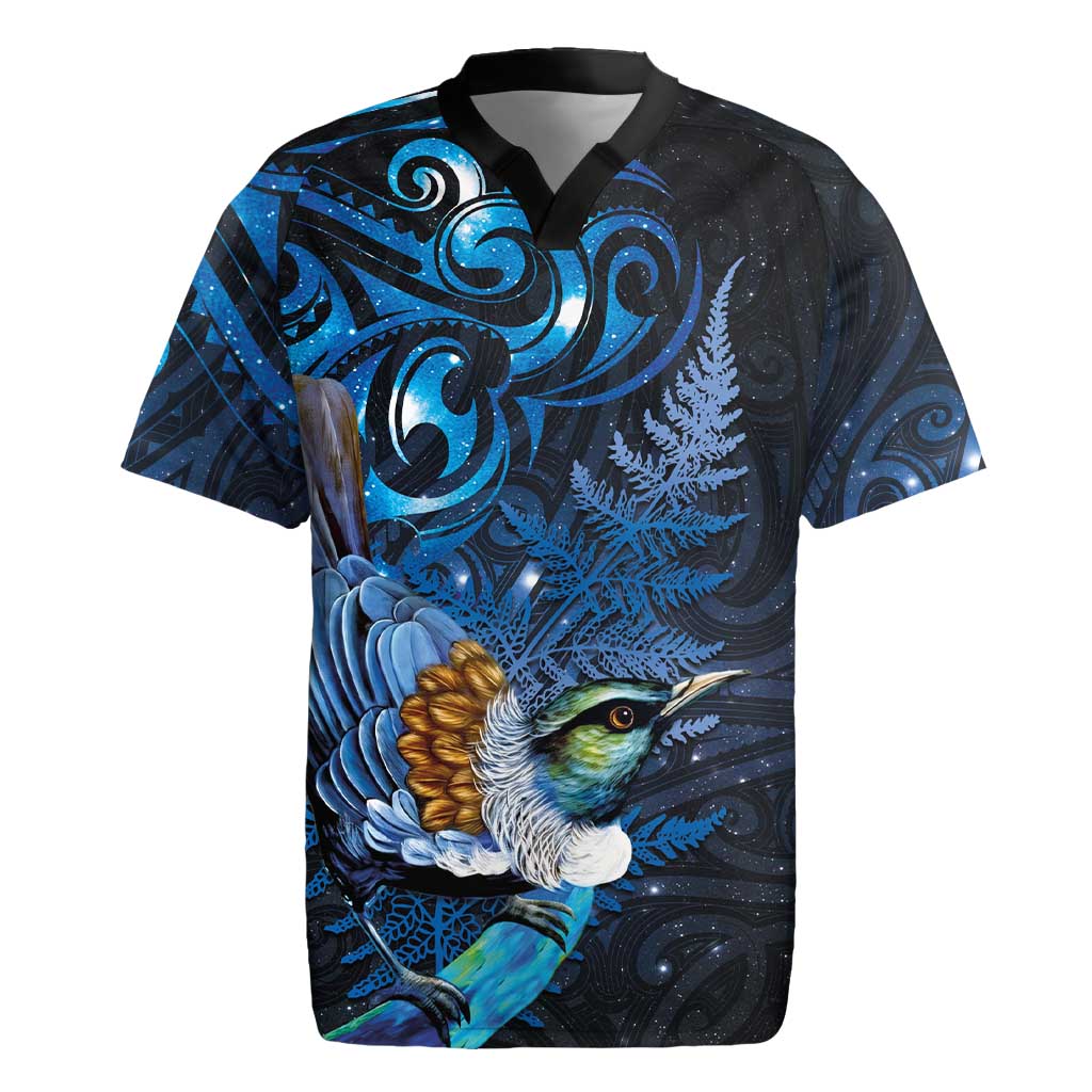 Aotearoa Matariki Rugby Jersey Maori Tribal with Silver Fern and Tui Bird Galaxy Style - Aussie Hoodie