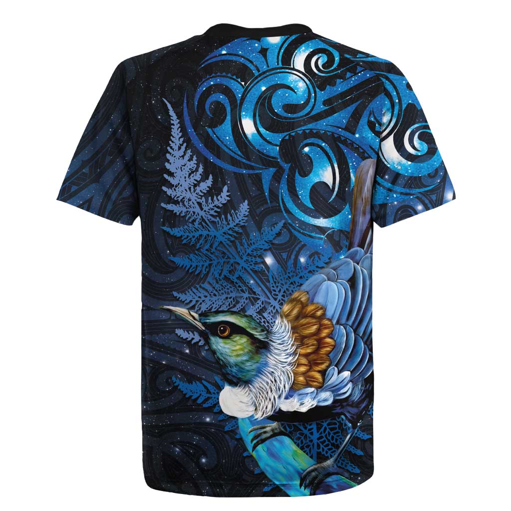 Aotearoa Matariki Rugby Jersey Maori Tribal with Silver Fern and Tui Bird Galaxy Style - Aussie Hoodie