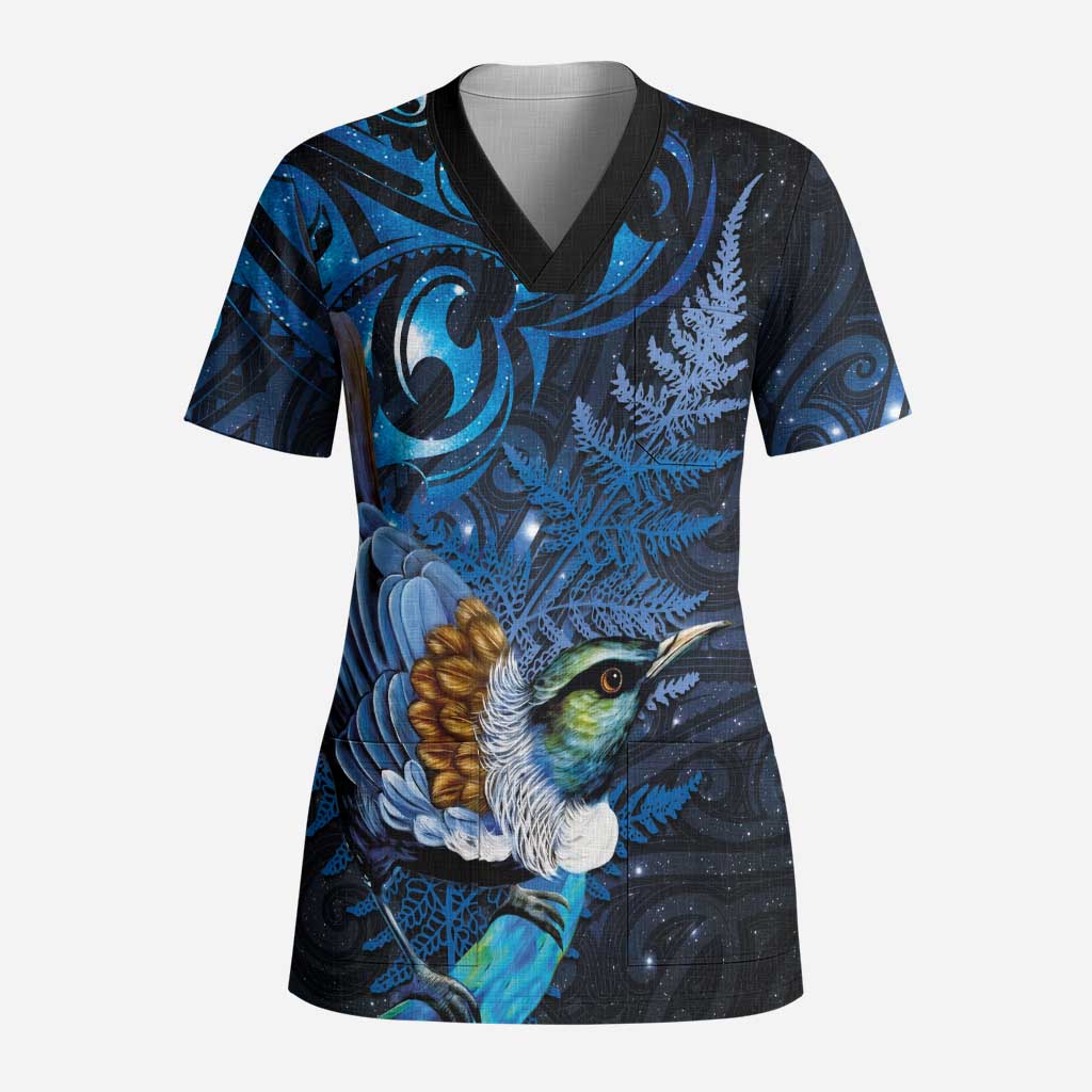 Aotearoa Matariki Scrub Top Maori Tribal with Silver Fern and Tui Bird Galaxy Style - Aussie Hoodie