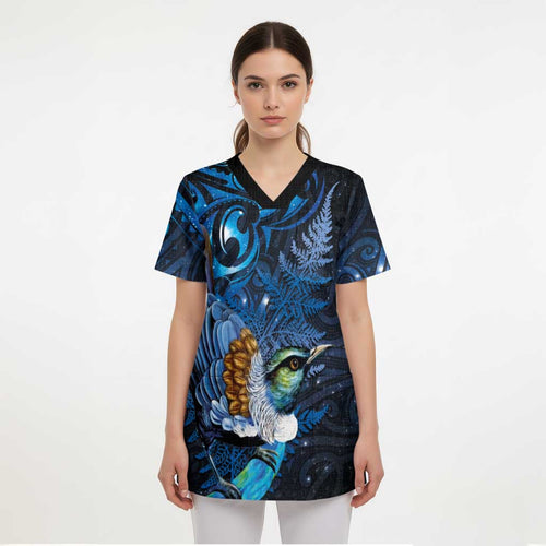Aotearoa Matariki Scrub Top Maori Tribal with Silver Fern and Tui Bird Galaxy Style - Aussie Hoodie
