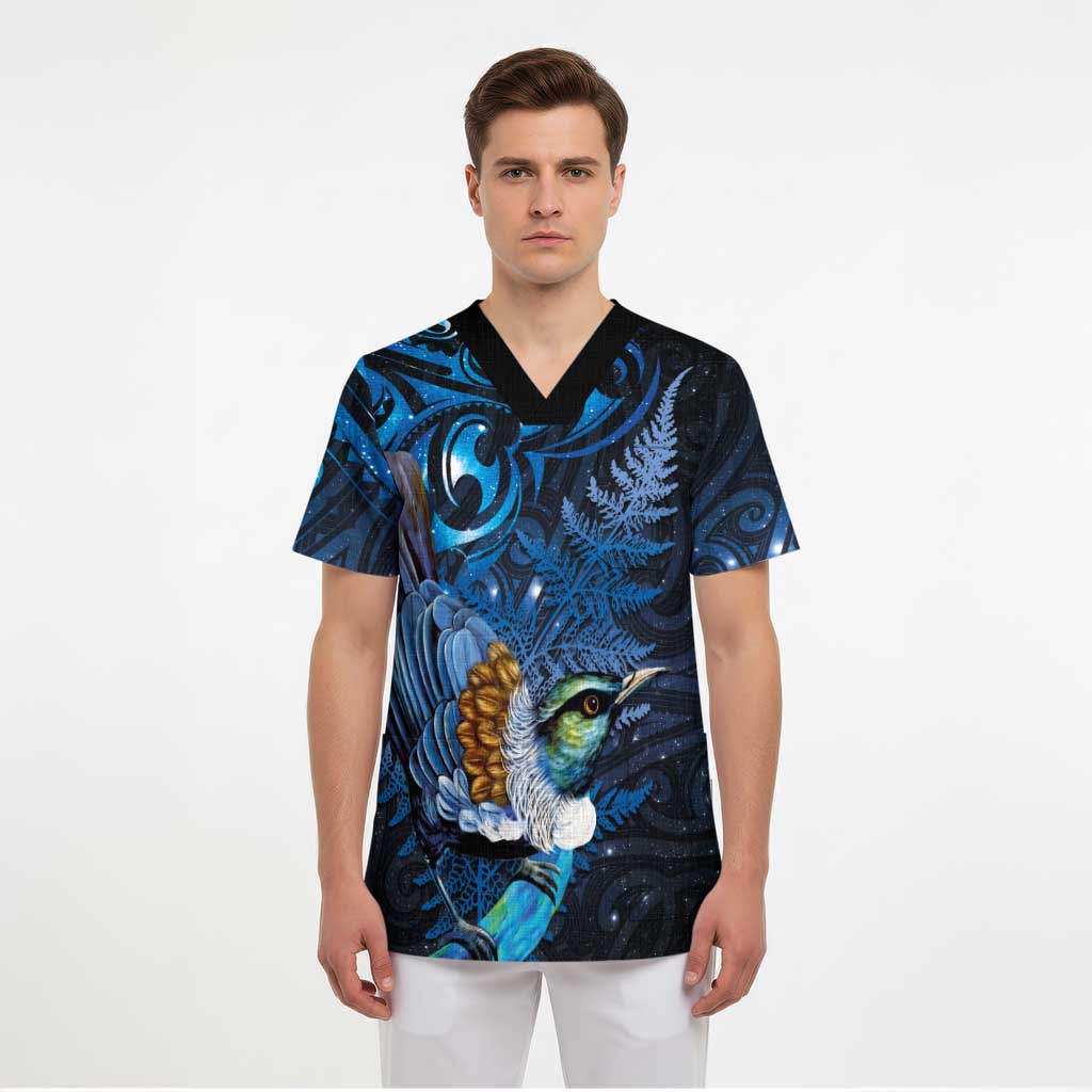 Aotearoa Matariki Scrub Top Maori Tribal with Silver Fern and Tui Bird Galaxy Style - Aussie Hoodie