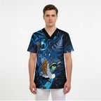 Aotearoa Matariki Scrub Top Maori Tribal with Silver Fern and Tui Bird Galaxy Style - Aussie Hoodie