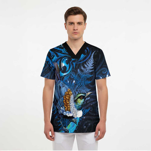 Aotearoa Matariki Scrub Top Maori Tribal with Silver Fern and Tui Bird Galaxy Style - Aussie Hoodie