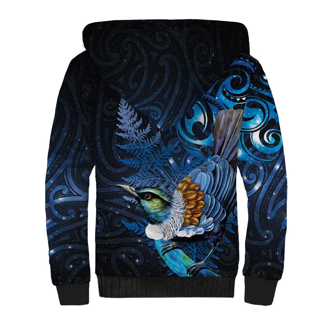Aotearoa Matariki Sherpa Hoodie Maori Tribal with Silver Fern and Tui Bird Galaxy Style - Aussie Hoodie