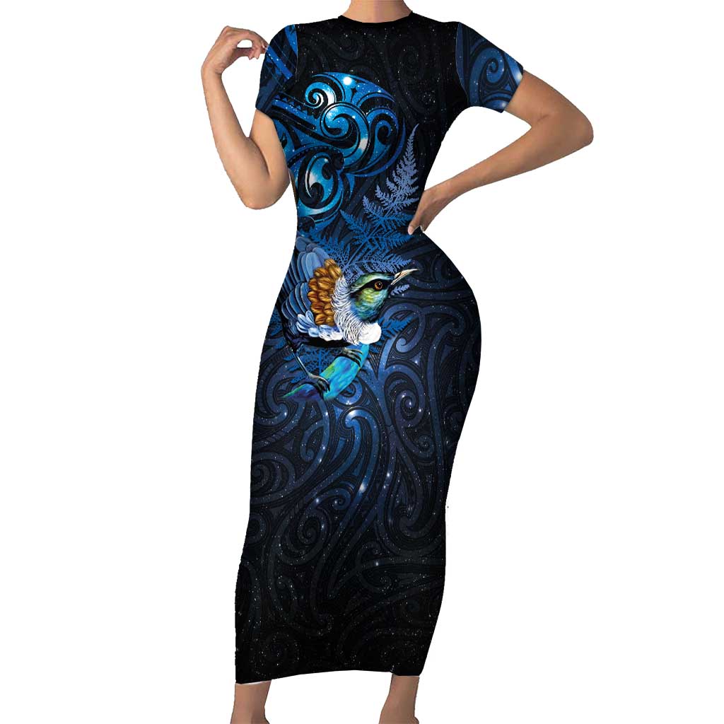 Aotearoa Matariki Short Sleeve Bodycon Dress Maori Tribal with Silver Fern and Tui Bird Galaxy Style - Aussie Hoodie