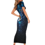 Aotearoa Matariki Short Sleeve Bodycon Dress Maori Tribal with Silver Fern and Tui Bird Galaxy Style - Aussie Hoodie
