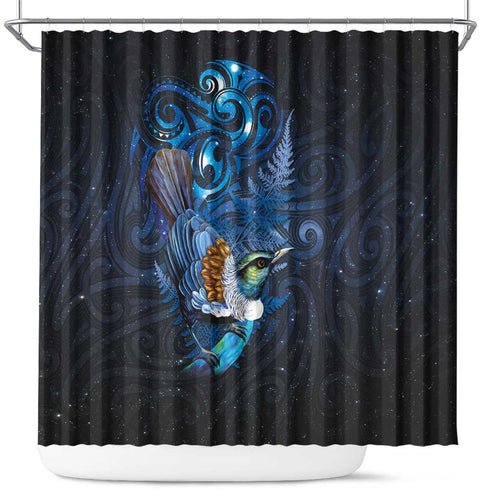 Aotearoa Matariki Shower Curtain Maori Tribal with Silver Fern and Tui Bird Galaxy Style - Aussie Hoodie