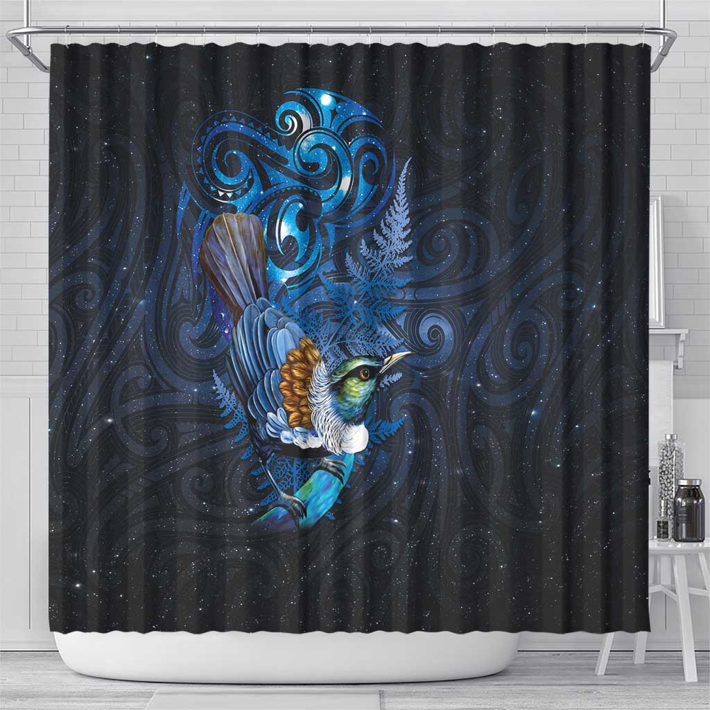 Aotearoa Matariki Shower Curtain Maori Tribal with Silver Fern and Tui Bird Galaxy Style - Aussie Hoodie