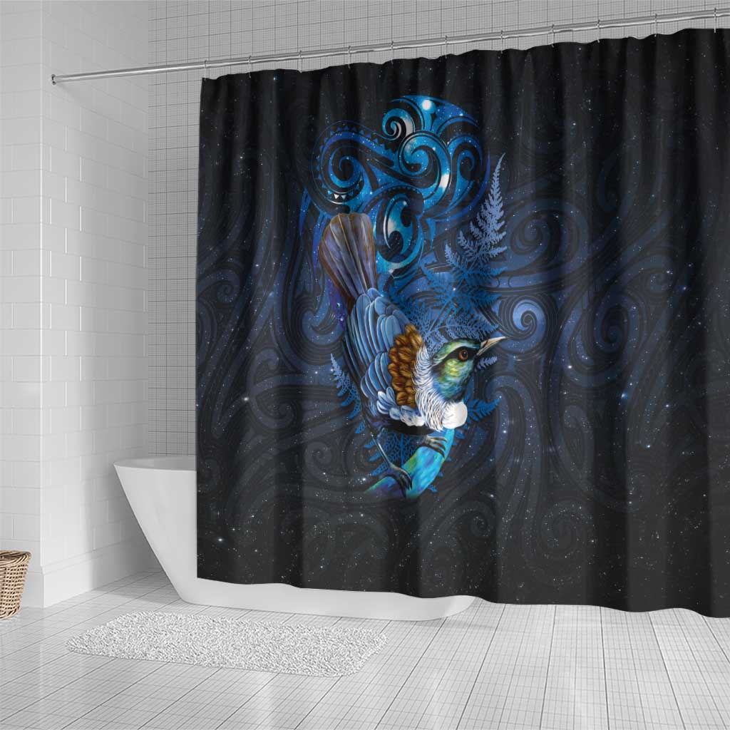 Aotearoa Matariki Shower Curtain Maori Tribal with Silver Fern and Tui Bird Galaxy Style - Aussie Hoodie
