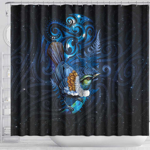 Aotearoa Matariki Shower Curtain Maori Tribal with Silver Fern and Tui Bird Galaxy Style - Aussie Hoodie