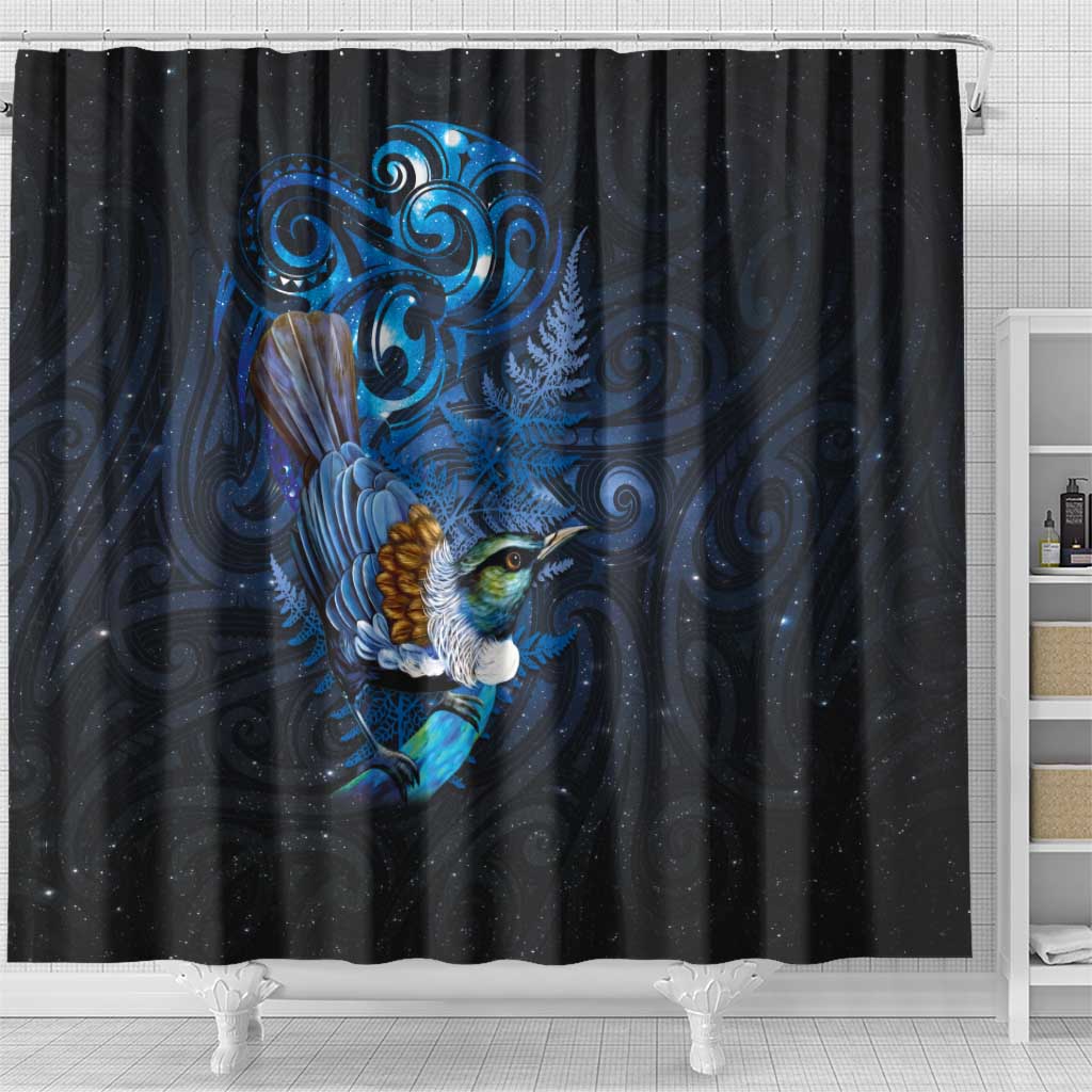 Aotearoa Matariki Shower Curtain Maori Tribal with Silver Fern and Tui Bird Galaxy Style - Aussie Hoodie