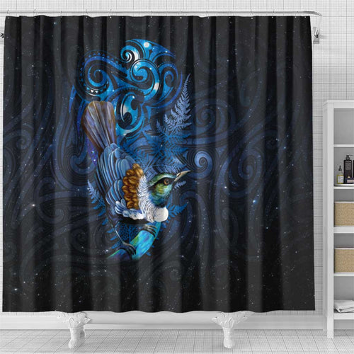 Aotearoa Matariki Shower Curtain Maori Tribal with Silver Fern and Tui Bird Galaxy Style - Aussie Hoodie