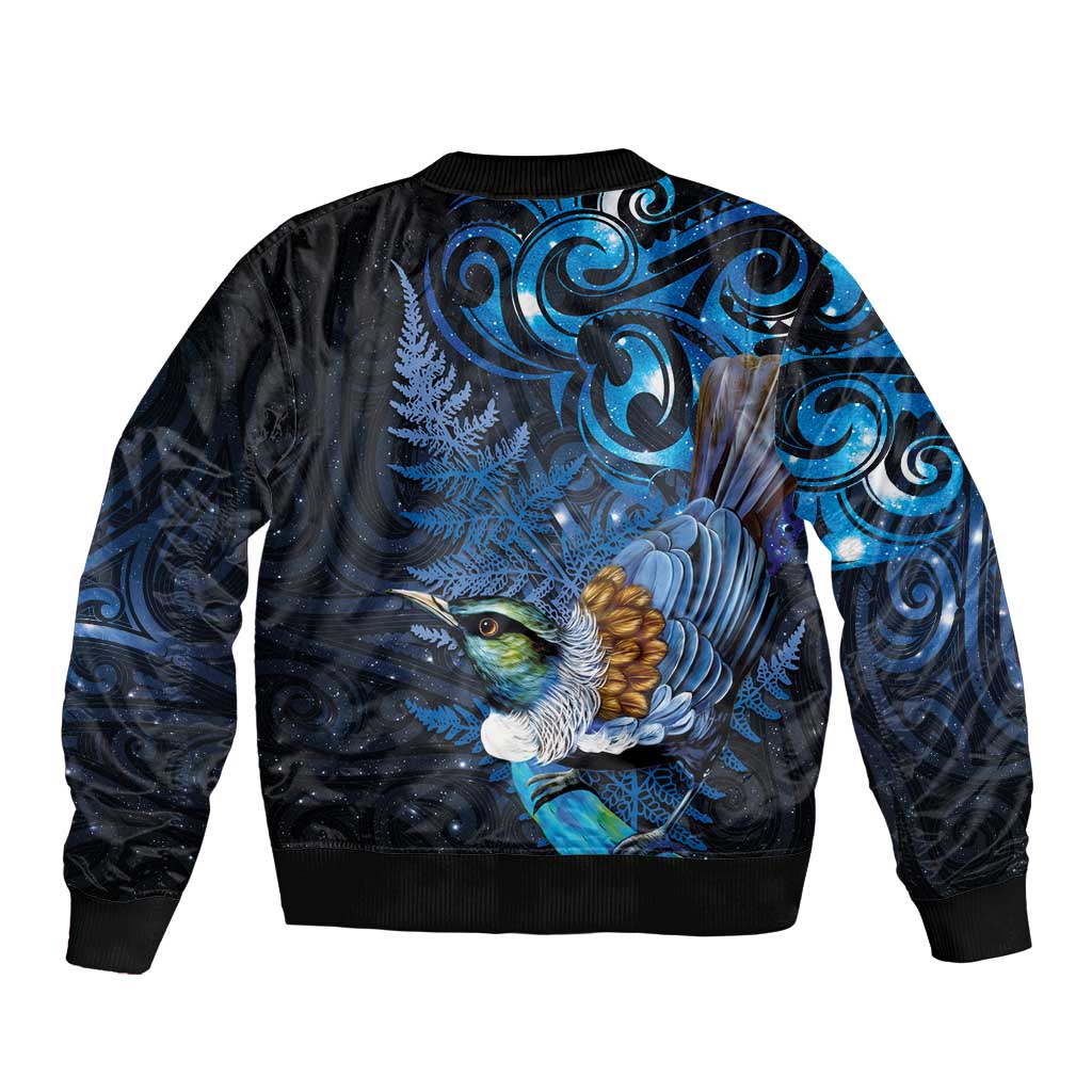 Aotearoa Matariki Sleeve Zip Bomber Jacket Maori Tribal with Silver Fern and Tui Bird Galaxy Style - Aussie Hoodie