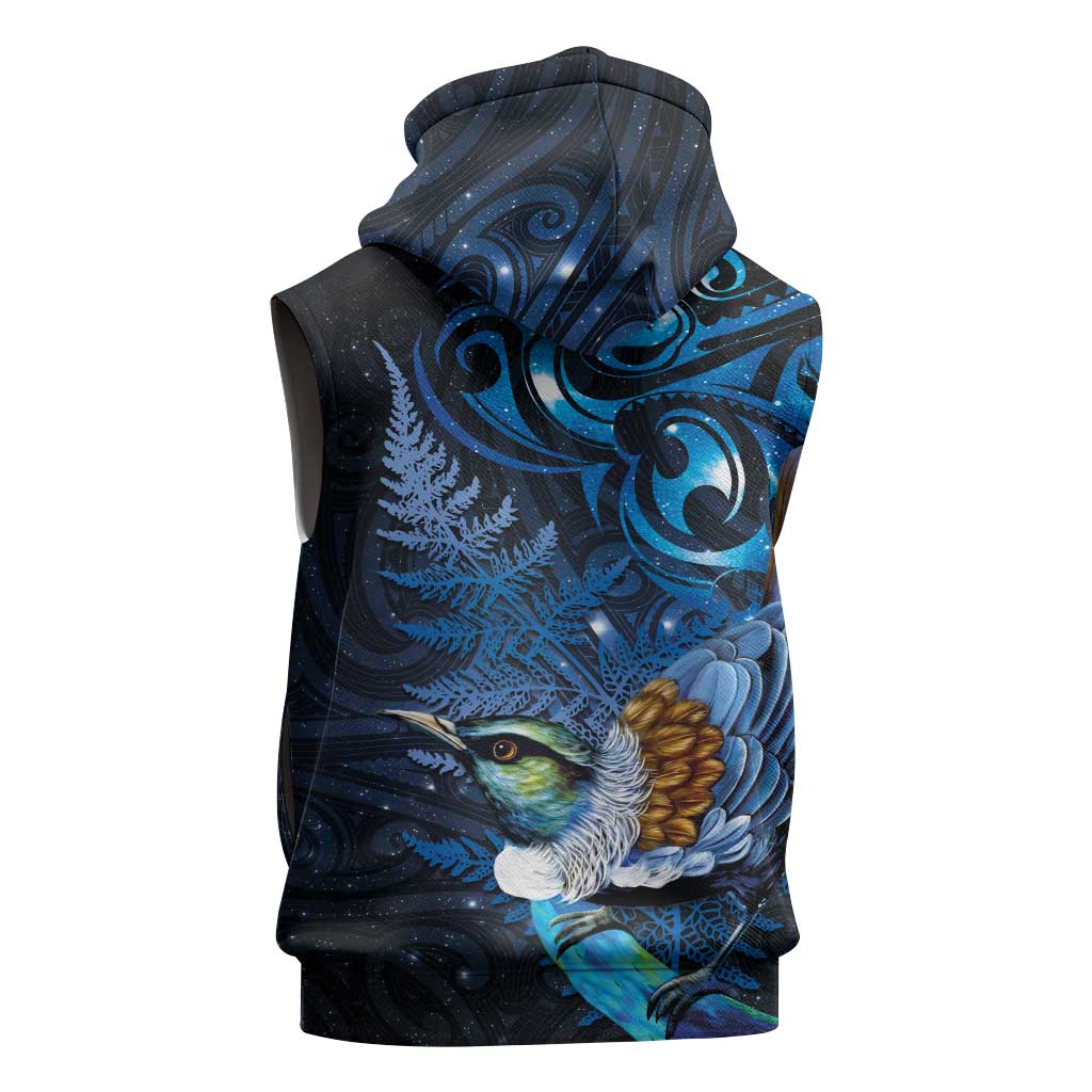 Aotearoa Matariki Sleeveless Hoodie Maori Tribal with Silver Fern and Tui Bird Galaxy Style - Aussie Hoodie
