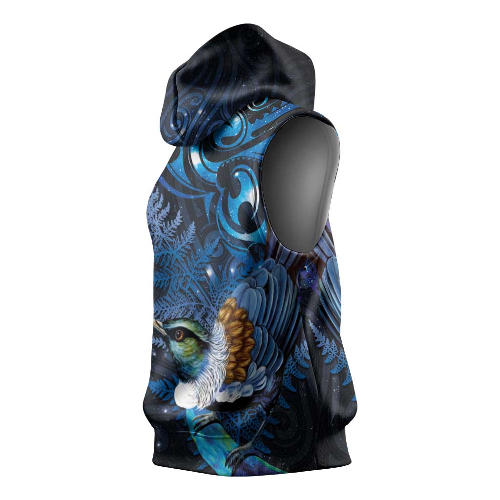 Aotearoa Matariki Sleeveless Hoodie Maori Tribal with Silver Fern and Tui Bird Galaxy Style - Aussie Hoodie