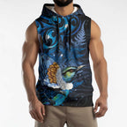 Aotearoa Matariki Sleeveless Hoodie Maori Tribal with Silver Fern and Tui Bird Galaxy Style - Aussie Hoodie
