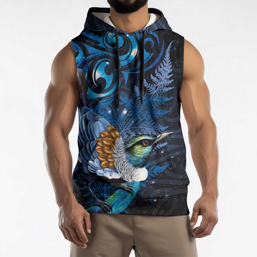 Aotearoa Matariki Sleeveless Hoodie Maori Tribal with Silver Fern and Tui Bird Galaxy Style - Aussie Hoodie