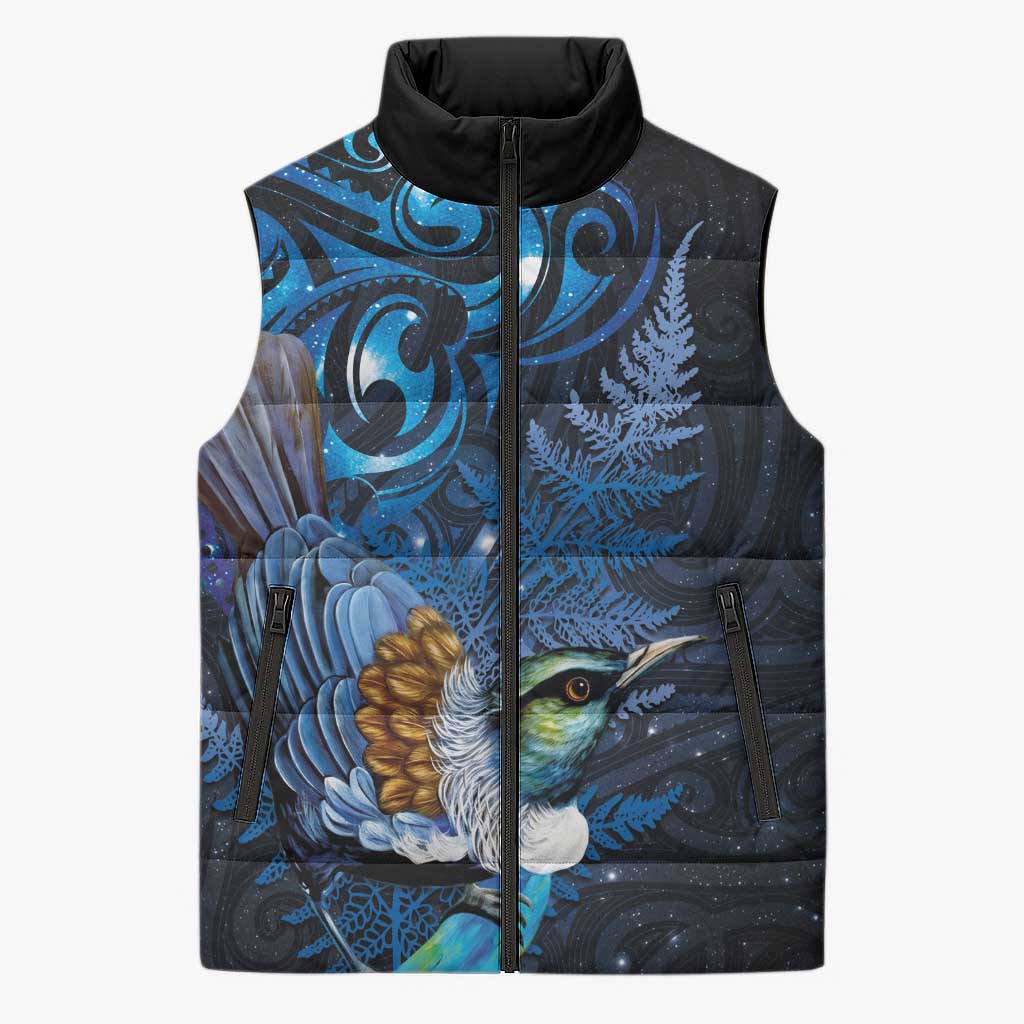 Aotearoa Matariki Sleeveless Puffer Jacket Maori Tribal with Silver Fern and Tui Bird Galaxy Style - Aussie Hoodie