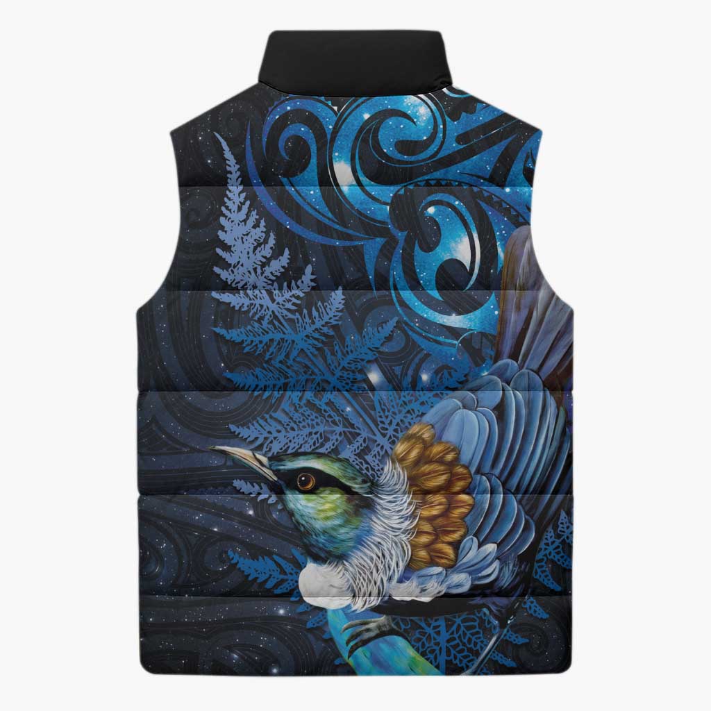 Aotearoa Matariki Sleeveless Puffer Jacket Maori Tribal with Silver Fern and Tui Bird Galaxy Style - Aussie Hoodie