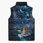 Aotearoa Matariki Sleeveless Puffer Jacket Maori Tribal with Silver Fern and Tui Bird Galaxy Style - Aussie Hoodie