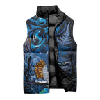 Aotearoa Matariki Sleeveless Puffer Jacket Maori Tribal with Silver Fern and Tui Bird Galaxy Style - Aussie Hoodie