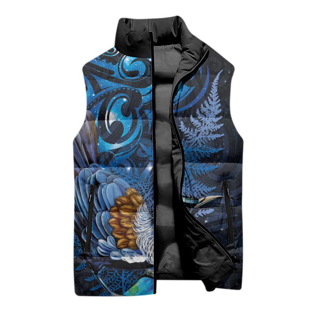Aotearoa Matariki Sleeveless Puffer Jacket Maori Tribal with Silver Fern and Tui Bird Galaxy Style - Aussie Hoodie