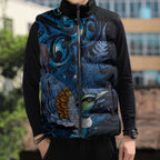 Aotearoa Matariki Sleeveless Puffer Jacket Maori Tribal with Silver Fern and Tui Bird Galaxy Style - Aussie Hoodie