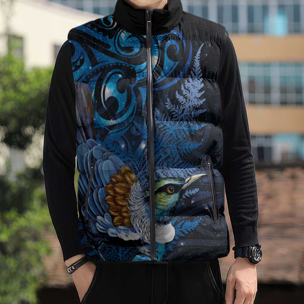 Aotearoa Matariki Sleeveless Puffer Jacket Maori Tribal with Silver Fern and Tui Bird Galaxy Style - Aussie Hoodie