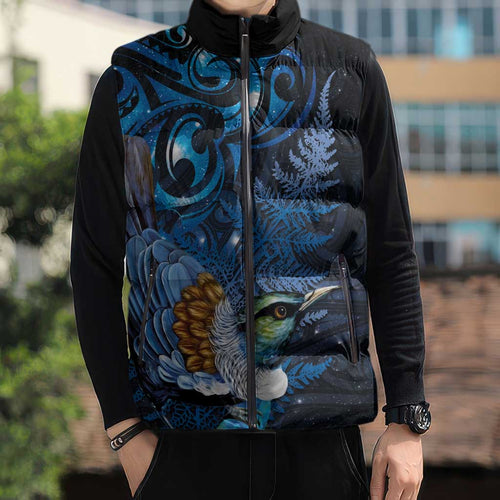 Aotearoa Matariki Sleeveless Puffer Jacket Maori Tribal with Silver Fern and Tui Bird Galaxy Style - Aussie Hoodie