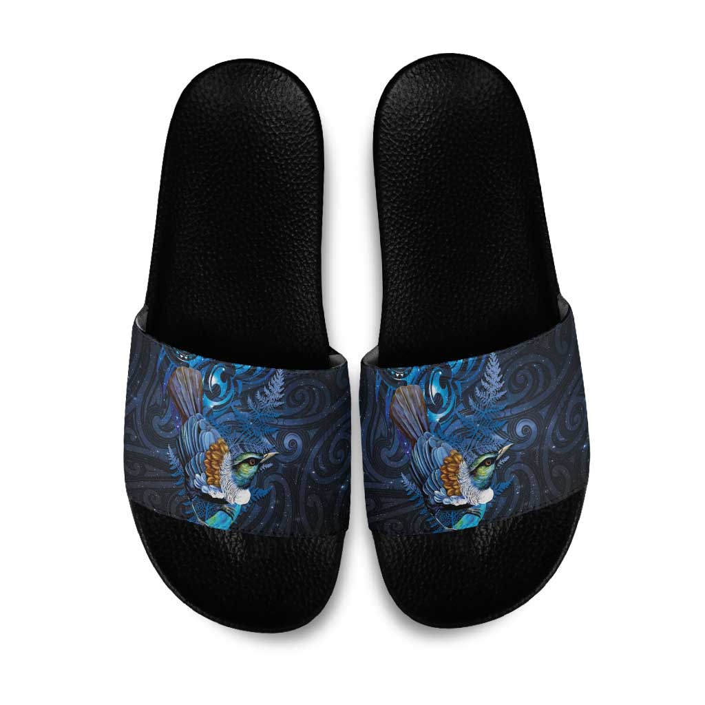 Aotearoa Matariki Slide Sandals Maori Tribal with Silver Fern and Tui Bird Galaxy Style - Aussie Hoodie