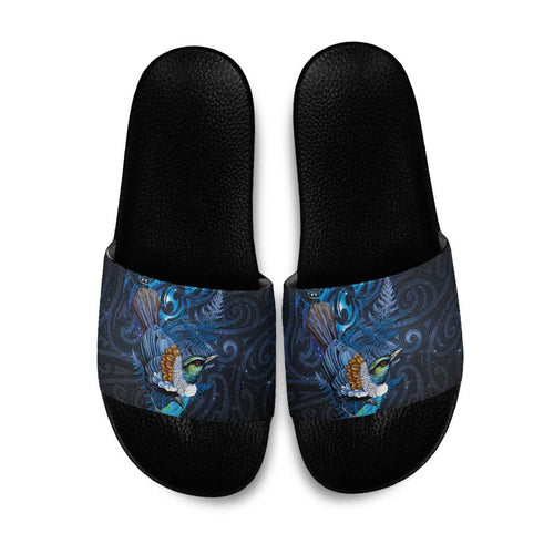 Aotearoa Matariki Slide Sandals Maori Tribal with Silver Fern and Tui Bird Galaxy Style - Aussie Hoodie