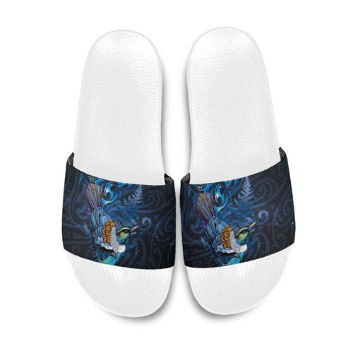 Aotearoa Matariki Slide Sandals Maori Tribal with Silver Fern and Tui Bird Galaxy Style - Aussie Hoodie
