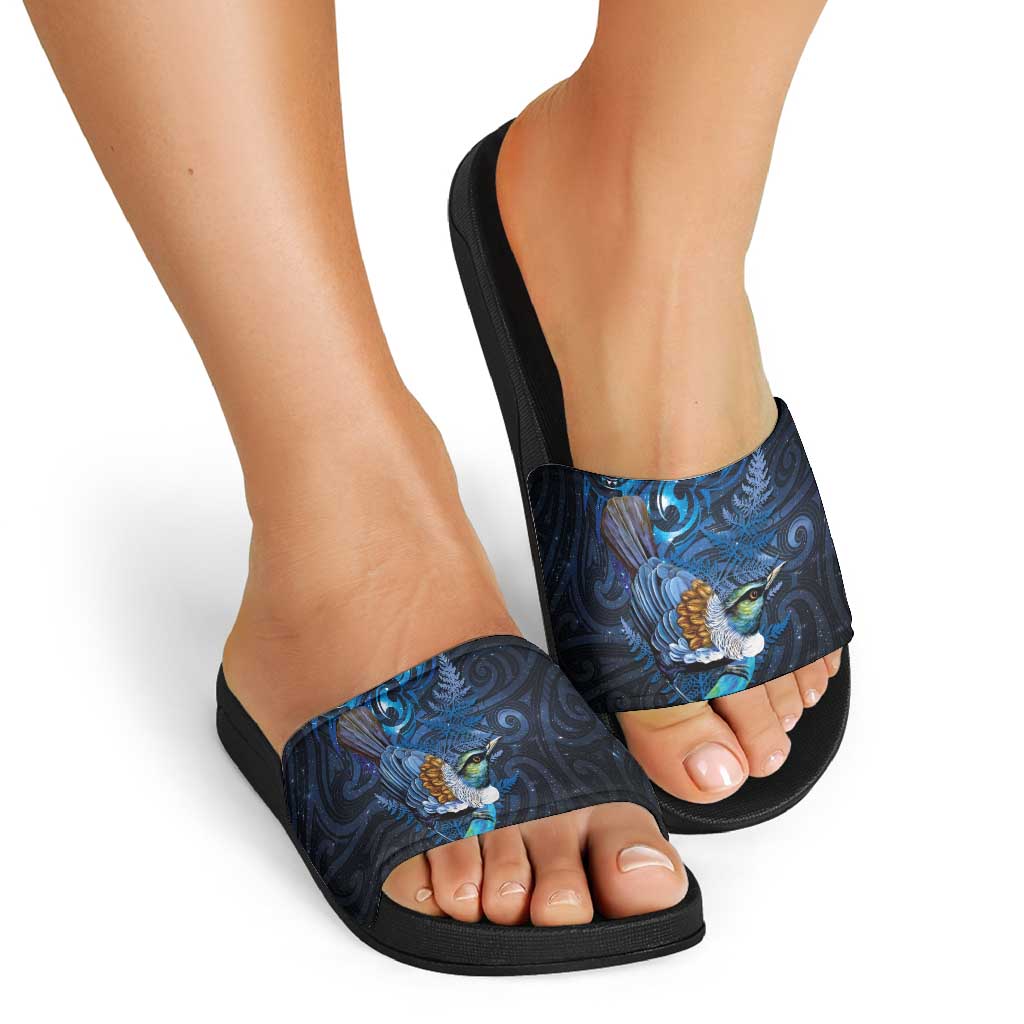 Aotearoa Matariki Slide Sandals Maori Tribal with Silver Fern and Tui Bird Galaxy Style - Aussie Hoodie