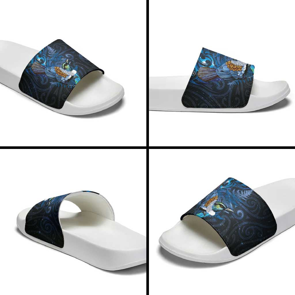 Aotearoa Matariki Slide Sandals Maori Tribal with Silver Fern and Tui Bird Galaxy Style - Aussie Hoodie